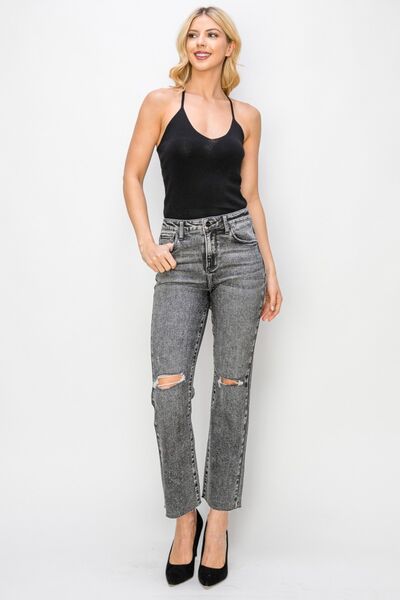 RISEN High Waist Distressed Straight Jeans - Acid Black Wash - Premium Ladies jeans -  Follower Of Faith Apparel Fast delivery, fast shipping, new, new arrival, new arrivals, RISEN, Risen acid black wash, Risen distressed jeans, Risen high waist straight jeans, risen jeans, Risen Straight leg, Ship from USA Shop our Christian T-Shirts & Apparel