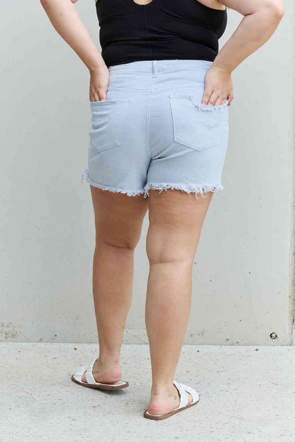 RISEN Katie High Waisted Distressed Shorts in Ice Blue - Premium Ladies shorts -  Follower Of Faith Apparel Cozy raw hem shorts, Fast delivery, fast shipping, raw hem shorts, RISEN, Risen high waist raw hem shorts, Risen raw hem shorts, Risen shorts, Sale, Ship from USA, womens apparel, Womens bottoms Shop our Christian T-Shirts & Apparel