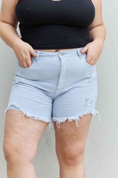 RISEN Katie High Waisted Distressed Shorts in Ice Blue - Premium Ladies shorts -  Follower Of Faith Apparel Cozy raw hem shorts, Fast delivery, fast shipping, raw hem shorts, RISEN, Risen high waist raw hem shorts, Risen raw hem shorts, Risen shorts, Sale, Ship from USA, womens apparel, Womens bottoms Shop our Christian T-Shirts & Apparel