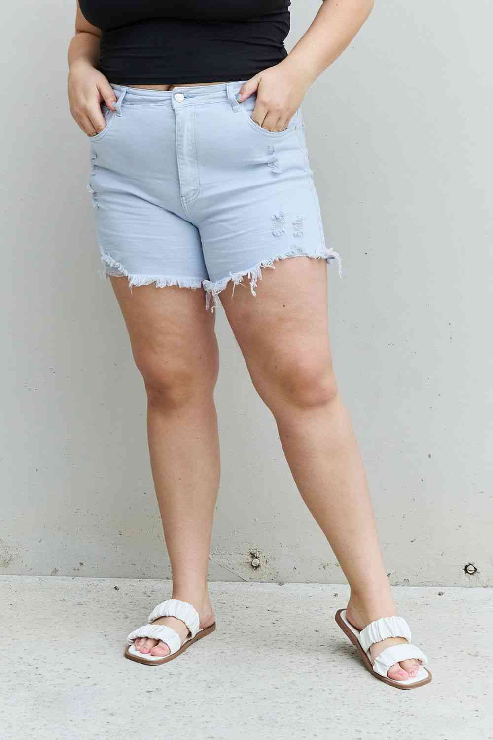 RISEN Katie High Waisted Distressed Shorts in Ice Blue - Premium Ladies shorts -  Follower Of Faith Apparel Cozy raw hem shorts, Fast delivery, fast shipping, raw hem shorts, RISEN, Risen high waist raw hem shorts, Risen raw hem shorts, Risen shorts, Sale, Ship from USA, womens apparel, Womens bottoms Shop our Christian T-Shirts & Apparel