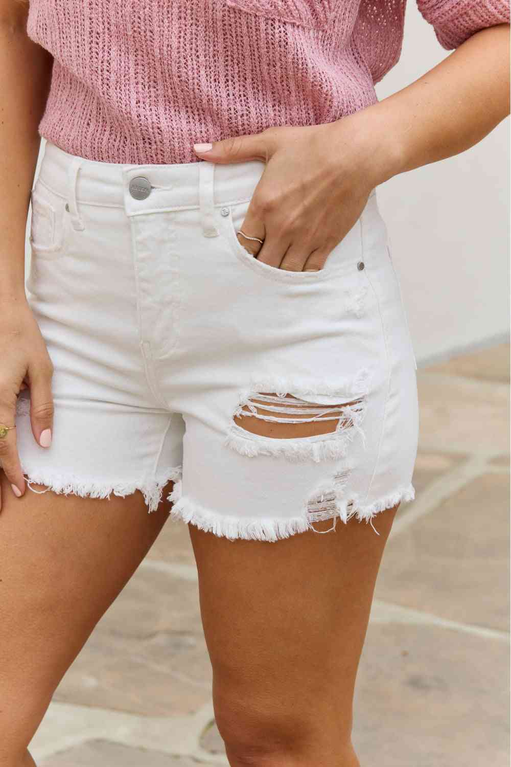 RISEN Lily High Waisted Distressed Shorts - Follower Of Faith Apparel