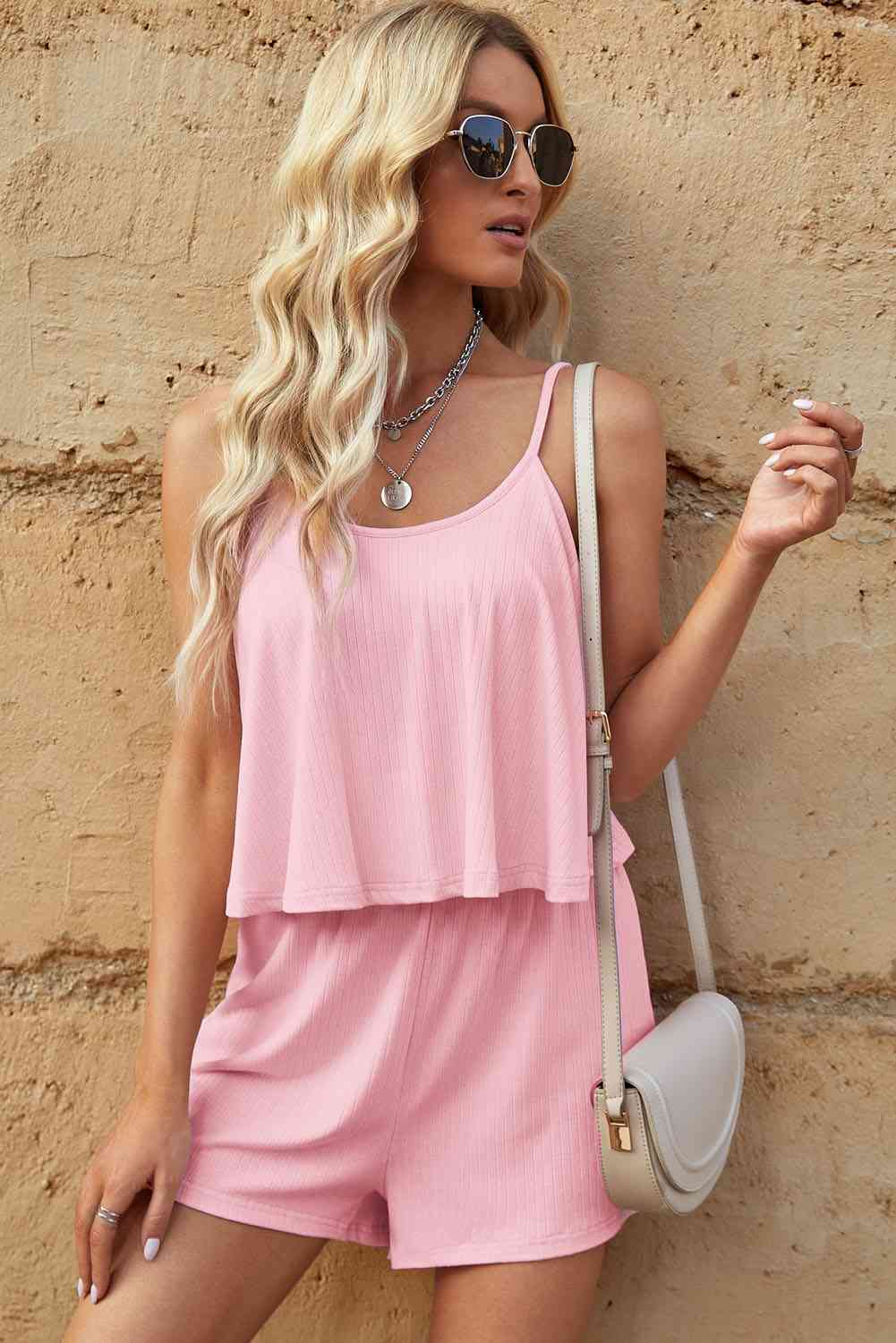 Ribbed Adjustable Spaghetti Strap Romper - Premium Ladies Rompers -  Follower Of Faith Apparel Ladies Romper, new arrival, new arrivals, pink, Rompers, Ship From Overseas, Shipping delay February 8 - February 16, SYNZ, Vacation, Vacation apparel, vacation clothing, Vacation outfit, Vacation outfits, womens apparel, Womens clothing, Womens romper, womens wear, Women’s romper Shop our Christian T-Shirts & Apparel