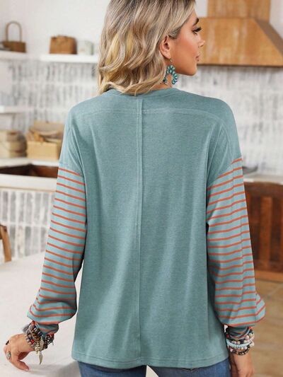 Round Neck Striped Long Sleeve Slit T-Shirt - Premium Long Sleeve Shirt -  Follower Of Faith Apparel A@X@E, Ladies long sleeve, Ladies Long Sleeve Tee, Ladies Striped shirt, Ladies tops, Long sleeve shirt, Ship From Overseas, Stripes long sleeve shirt Shop our Christian T-Shirts & Apparel