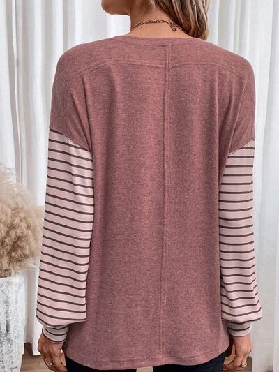 Round Neck Striped Long Sleeve Slit T-Shirt - Premium Long Sleeve Shirt -  Follower Of Faith Apparel A@X@E, Ladies long sleeve, Ladies Long Sleeve Tee, Ladies Striped shirt, Ladies tops, Long sleeve shirt, Ship From Overseas, Stripes long sleeve shirt Shop our Christian T-Shirts & Apparel