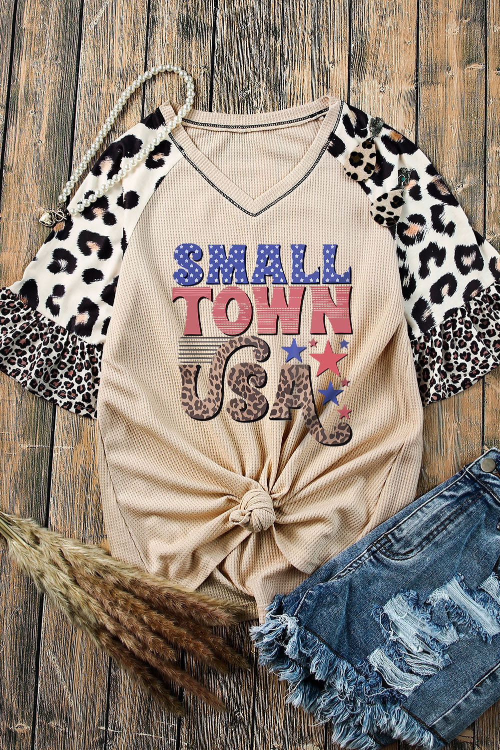 SMALL TOWN USA Graphic Leopard V-Neck Top - Premium Ladies T-Shirt -  Follower Of Faith Apparel Ship From Overseas, SYNZ Shop our Christian T-Shirts & Apparel