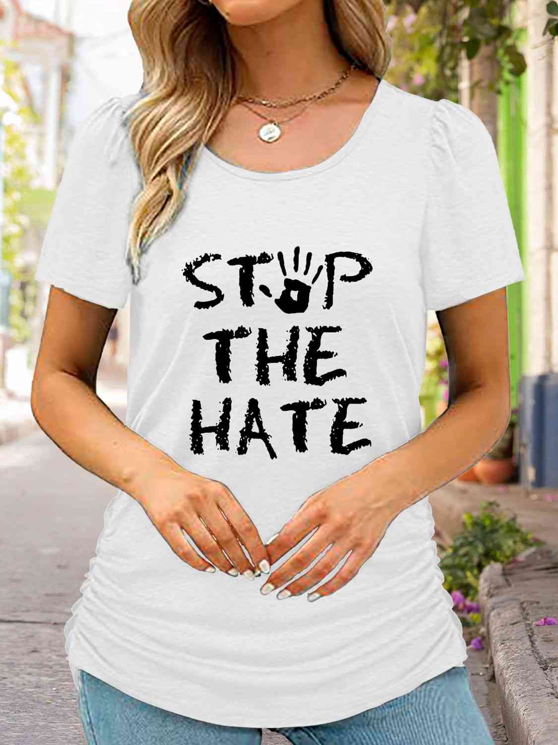 STOP THE HATE Ladies T-Shirt - Premium Ladies T-Shirt -  Follower Of Faith Apparel Christian T shirt, Christian T shirt for women, Christian t shirts for ladies, Christian t shirts for women, Christian tees, Christian tshirt, G@L@X, graphic tees, ladies Short sleeve, ladies Short Sleeve t shirt, ladies Short Sleeve tee, ladies short sleeve tees, Love dont hate, Stop the hate apparel, Stop the hate t shirt, Stop the hate tee Shop our Christian T-Shirts & Apparel