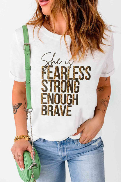 She Is Fearless Strong Enough Brave Ladies Graphic Short Sleeve Tee - Premium Ladies T-Shirt -  Follower Of Faith Apparel ladies Short sleeve, ladies Short Sleeve t shirt, ladies Short Sleeve tee, ladies short sleeve tees, Leopard, Leopard print, Leopard tee, new arrival, new arrivals, She is tee, Ship From Overseas, Strong brave enough, SYNZ Shop our Christian T-Shirts & Apparel