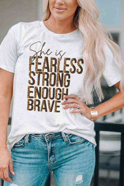 She Is Fearless Strong Enough Brave Ladies Graphic Short Sleeve Tee - Premium Ladies T-Shirt -  Follower Of Faith Apparel ladies Short sleeve, ladies Short Sleeve t shirt, ladies Short Sleeve tee, ladies short sleeve tees, Leopard, Leopard print, Leopard tee, new arrival, new arrivals, She is tee, Ship From Overseas, Strong brave enough, SYNZ Shop our Christian T-Shirts & Apparel