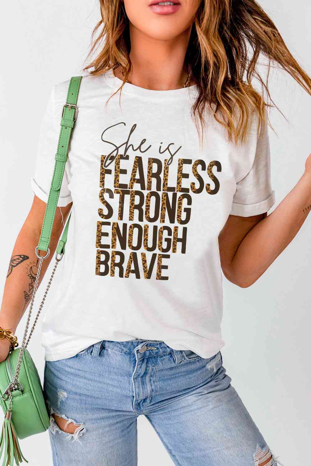 She Is Fearless Strong Enough Brave Ladies Graphic Short Sleeve Tee - Premium Ladies T-Shirt -  Follower Of Faith Apparel ladies Short sleeve, ladies Short Sleeve t shirt, ladies Short Sleeve tee, ladies short sleeve tees, Leopard, Leopard print, Leopard tee, new arrival, new arrivals, She is tee, Ship From Overseas, Strong brave enough, SYNZ Shop our Christian T-Shirts & Apparel