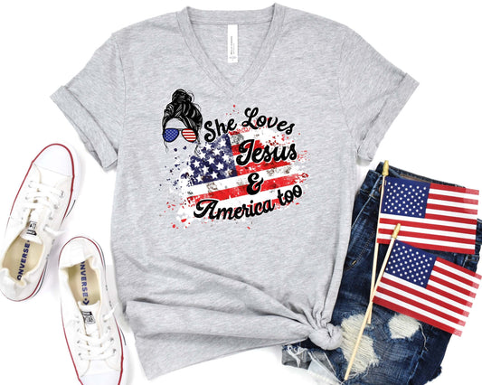 She Loves Jesus & America Too Ladies V-Neck T-Shirt - Premium Ladies V-neck T-shirt -  Follower Of Faith Apparel America, American flag, Cotton, DTG, Fourth of July, Fourth of July v neck tee, HUGE Sale, Independence Day apparel, Ladies short sleeve tee, Neck Labels, new arrival, new arrivals, Regular fit, Sale, She loves jesus t-shirt, T-shirts, TikTok, Unisex, V neck t shirts for women, V-neck, Valentine's Day Picks, Women's Clothing, Women’s flag t shirt Shop our Christian T-Shirts & Apparel