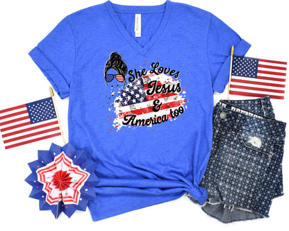 She Loves Jesus & America Too Ladies V-Neck T-Shirt - Premium Ladies V-neck T-shirt -  Follower Of Faith Apparel America, American flag, Cotton, DTG, Fourth of July, Fourth of July v neck tee, HUGE Sale, Independence Day apparel, Ladies short sleeve tee, Neck Labels, new arrival, new arrivals, Regular fit, Sale, She loves jesus t-shirt, T-shirts, TikTok, Unisex, V neck t shirts for women, V-neck, Valentine's Day Picks, Women's Clothing, Women’s flag t shirt Shop our Christian T-Shirts & Apparel