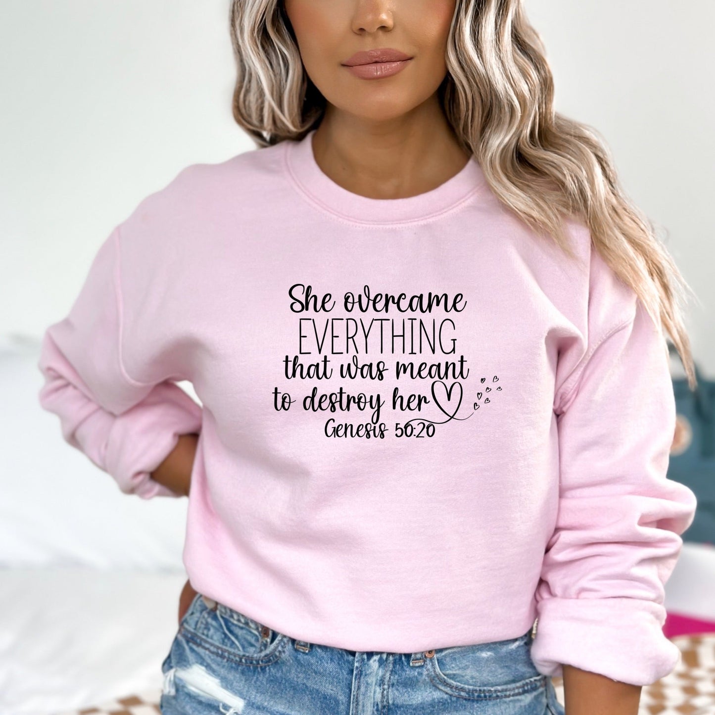 She Overcame Everything That Was Meant To Destroy Her Ladies Sweatshirt - Premium Sweatshirt -  Follower Of Faith Apparel ash, Bible verse sweatshirt, black, Christian, Christian  shirts for women, Christian apparel, Christian apparel for ladies, Christian apparel for winter, dark heather, Ladies Christian sweatshirt, Ladies sweatshirt, pink, Regular fit, She overcame everything that was meant to destroy her, Sweatshirts, Valentine's Day Picks, Women's Clothing Shop our Christian T-Shirts & Apparel