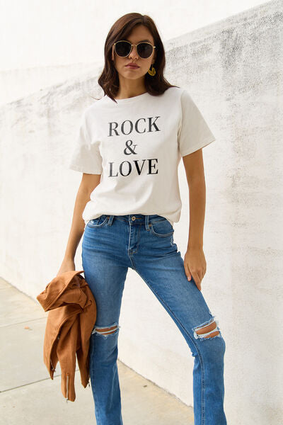 Simply Love ROCK ＆ LOVE Ladies Short Sleeve Tee - Premium Ladies Short Sleeve T-Shirt -  Follower Of Faith Apparel ladies Short sleeve, ladies Short Sleeve t shirt, ladies Short Sleeve tee, ladies short sleeve tees, Love tee, Rock & Love tee, Rock and love, Rock shirt, Ship From Overseas, Simply Love, White black shirt Shop our Christian T-Shirts & Apparel