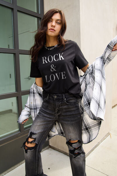 Simply Love ROCK ＆ LOVE Ladies Short Sleeve Tee - Premium Ladies Short Sleeve T-Shirt -  Follower Of Faith Apparel ladies Short sleeve, ladies Short Sleeve t shirt, ladies Short Sleeve tee, ladies short sleeve tees, Love tee, Rock & Love tee, Rock and love, Rock shirt, Ship From Overseas, Simply Love, White black shirt Shop our Christian T-Shirts & Apparel