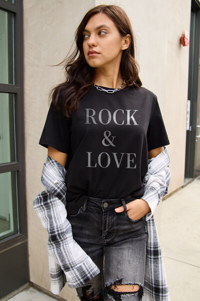 Simply Love ROCK ＆ LOVE Ladies Short Sleeve Tee - Premium Ladies Short Sleeve T-Shirt -  Follower Of Faith Apparel ladies Short sleeve, ladies Short Sleeve t shirt, ladies Short Sleeve tee, ladies short sleeve tees, Love tee, Rock & Love tee, Rock and love, Rock shirt, Ship From Overseas, Simply Love, White black shirt Shop our Christian T-Shirts & Apparel