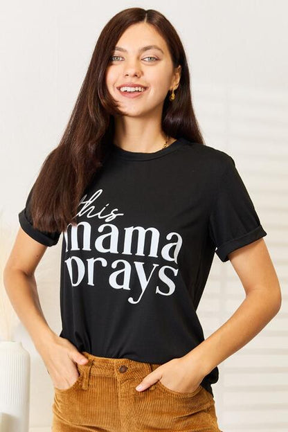 Simply Love THIS MAMA PRAYS Graphic Short Sleeve Tee - Premium  -  Follower Of Faith Apparel Christian t shirts for ladies, Christian t shirts for women, Fearless ladies short sleeve tee, ladies Short sleeve, ladies Short Sleeve t shirt, ladies Short Sleeve tee, ladies short sleeve tees, Pray shirt, Ship from USA, Simply Love, This momma prays tee Shop our Christian T-Shirts & Apparel