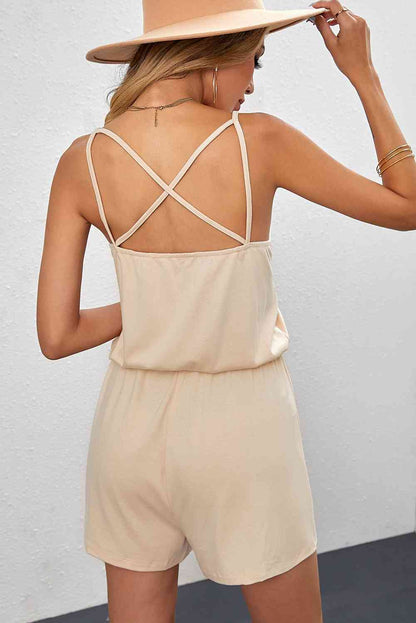 Spaghetti Strap Drawstring Waist Crisscross Romper - Premium Ladies Rompers -  Follower Of Faith Apparel Ladies Romper, new arrival, new arrivals, romper jumpsuit, Rompers, Sale, Ship From Overseas, Shipping delay February 8 - February 16, Summer apparel, summer picks, summer wear, SYNZ, Vacation, Vacation apparel, vacation clothing, Vacation outfit, Vacation outfits, Womens romper, Women’s romper Shop our Christian T-Shirts & Apparel