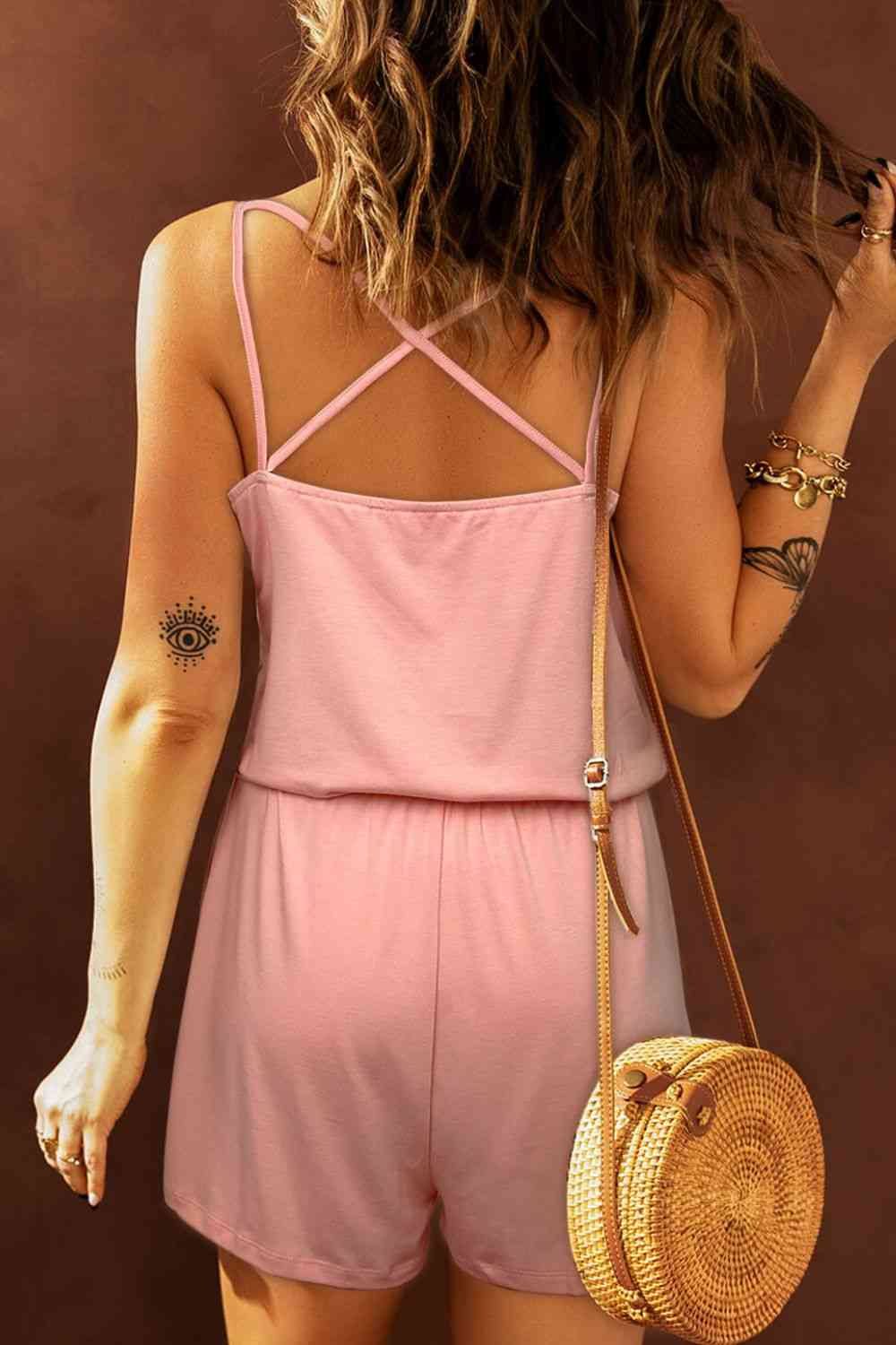 Spaghetti Strap Drawstring Waist Crisscross Romper - Premium Ladies Rompers -  Follower Of Faith Apparel Ladies Romper, new arrival, new arrivals, romper jumpsuit, Rompers, Sale, Ship From Overseas, Shipping delay February 8 - February 16, Summer apparel, summer picks, summer wear, SYNZ, Vacation, Vacation apparel, vacation clothing, Vacation outfit, Vacation outfits, Womens romper, Women’s romper Shop our Christian T-Shirts & Apparel