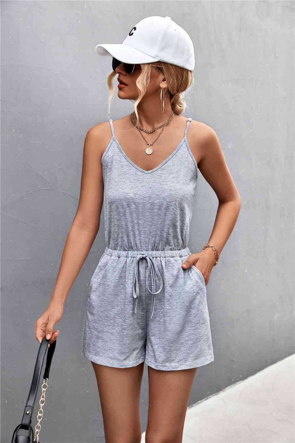 Spaghetti Strap V-Neck Pocket Ladies Romper - Premium Ladies Rompers -  Follower Of Faith Apparel Ladies romper, One piece outfit, Sale, Ship From Overseas, Shipping delay February 2 - February 17, Spaghetti Strap Romper, Vacation, vacation clothing, Vacation outfit, womens apparel, Women’s romper, YO Shop our Christian T-Shirts & Apparel