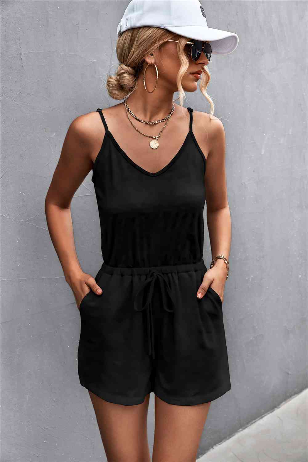 Spaghetti Strap V-Neck Pocket Ladies Romper - Premium Ladies Rompers -  Follower Of Faith Apparel Ladies romper, One piece outfit, Sale, Ship From Overseas, Shipping delay February 2 - February 17, Spaghetti Strap Romper, Vacation, vacation clothing, Vacation outfit, womens apparel, Women’s romper, YO Shop our Christian T-Shirts & Apparel