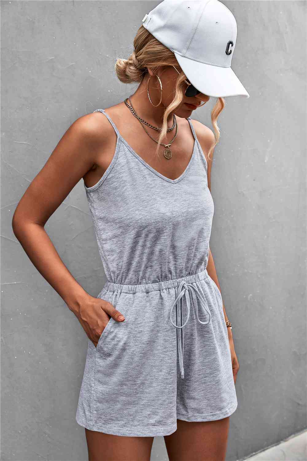 Spaghetti Strap V-Neck Pocket Ladies Romper - Premium Ladies Rompers -  Follower Of Faith Apparel Ladies romper, One piece outfit, Sale, Ship From Overseas, Shipping delay February 2 - February 17, Spaghetti Strap Romper, Vacation, vacation clothing, Vacation outfit, womens apparel, Women’s romper, YO Shop our Christian T-Shirts & Apparel