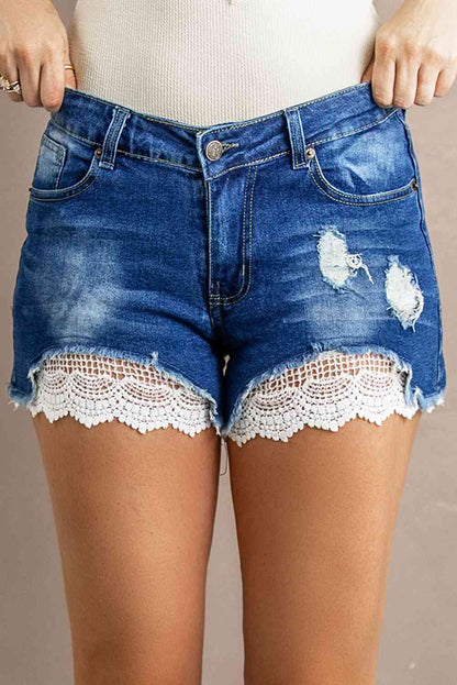 Spliced Lace Distressed Denim Ladies Shorts - Premium Ladies shorts -  Follower Of Faith Apparel Denim and lace shorts, Ladies denim, ladies distressed shorts, Ladies Shorts, new arrival, new arrivals, Sale, Ship From Overseas, Shipping delay February 8 - February 16, SYNZ, Womens bottoms, Womens shorts Shop our Christian T-Shirts & Apparel