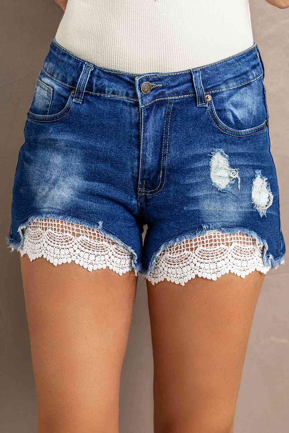 Spliced Lace Distressed Denim Ladies Shorts - Premium Ladies shorts -  Follower Of Faith Apparel Denim and lace shorts, Ladies denim, ladies distressed shorts, Ladies Shorts, new arrival, new arrivals, Sale, Ship From Overseas, Shipping delay February 8 - February 16, SYNZ, Womens bottoms, Womens shorts Shop our Christian T-Shirts & Apparel