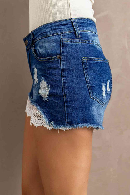 Spliced Lace Distressed Denim Ladies Shorts - Premium Ladies shorts -  Follower Of Faith Apparel Denim and lace shorts, Ladies denim, ladies distressed shorts, Ladies Shorts, new arrival, new arrivals, Sale, Ship From Overseas, Shipping delay February 8 - February 16, SYNZ, Womens bottoms, Womens shorts Shop our Christian T-Shirts & Apparel