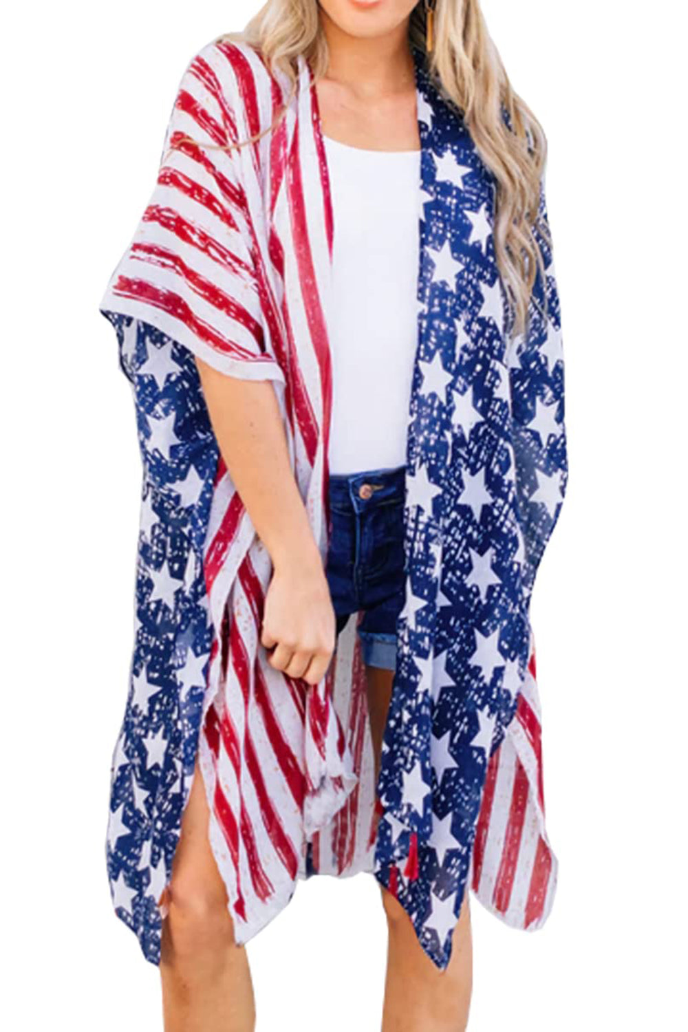 Stars & Stripes Flag Open Front Ladies Summer Cover Up - Premium Summer Cover Ups -  Follower Of Faith Apparel American flag summer cover up, beach apparel, Beach vacation clothing, Flag cover up, Fourth of july flag cover up, Independence day, Ladies cover up, new arrival, new arrivals, Pool party clothing, Sale, Ship From Overseas, Stars & stripes women’s swimwear coverup, Summer apparel, Swimwear, Usa summer cover up, Women’s summer apparel, Y@M Shop our Christian T-Shirts & Apparel