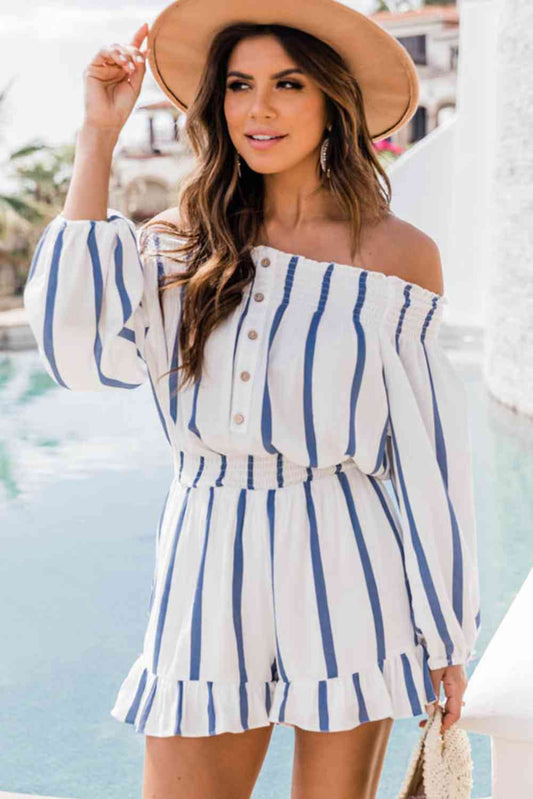 Striped Off Shoulder Smocked Romper - Premium Ladies Rompers -  Follower Of Faith Apparel Ladies Romper, Ladies summer clothing, new arrival, new arrivals, romper jumpsuit, Rompers, Ship From Overseas, Shipping delay February 8 - February 16, Smock romper, Stiped romper, Summer apparel, summer picks, summer wear, SYNZ, Women's summer clothing, Womens romper, Women’s romper Shop our Christian T-Shirts & Apparel