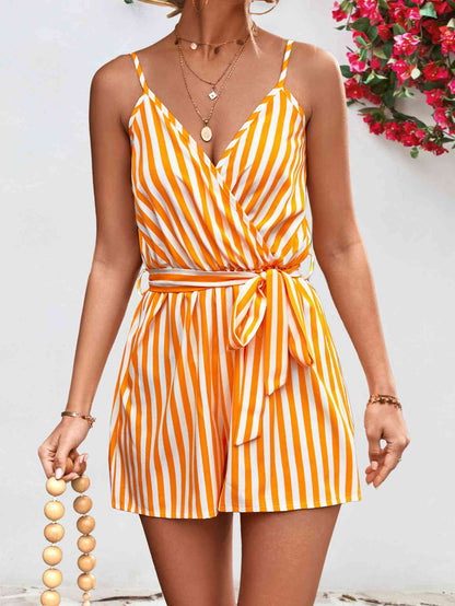 Striped Tie Waist Spaghetti Strap Romper (several colors) - Premium Ladies Rompers -  Follower Of Faith Apparel Ladies Romper, new arrival, new arrivals, romper jumpsuit, Rompers, Ship From Overseas, Shipping delay February 2 - February 17, Vacation, Vacation apparel, vacation clothing, Vacation outfit, Vacation outfits, Womens romper, Women’s romper, YO Shop our Christian T-Shirts & Apparel