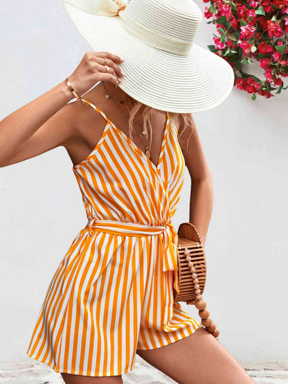 Striped Tie Waist Spaghetti Strap Romper (several colors) - Premium Ladies Rompers -  Follower Of Faith Apparel Ladies Romper, new arrival, new arrivals, romper jumpsuit, Rompers, Ship From Overseas, Shipping delay February 2 - February 17, Vacation, Vacation apparel, vacation clothing, Vacation outfit, Vacation outfits, Womens romper, Women’s romper, YO Shop our Christian T-Shirts & Apparel