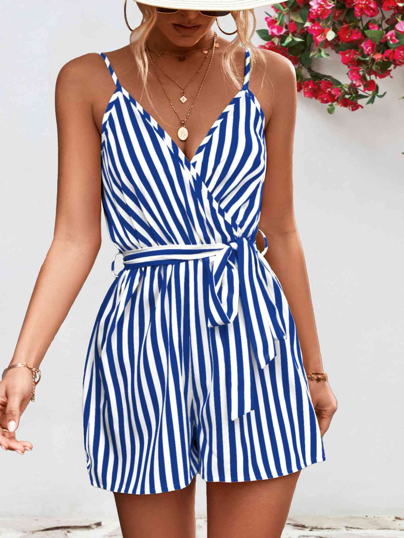 Striped Tie Waist Spaghetti Strap Romper (several colors) - Premium Ladies Rompers -  Follower Of Faith Apparel Ladies Romper, new arrival, new arrivals, romper jumpsuit, Rompers, Ship From Overseas, Shipping delay February 2 - February 17, Vacation, Vacation apparel, vacation clothing, Vacation outfit, Vacation outfits, Womens romper, Women’s romper, YO Shop our Christian T-Shirts & Apparel