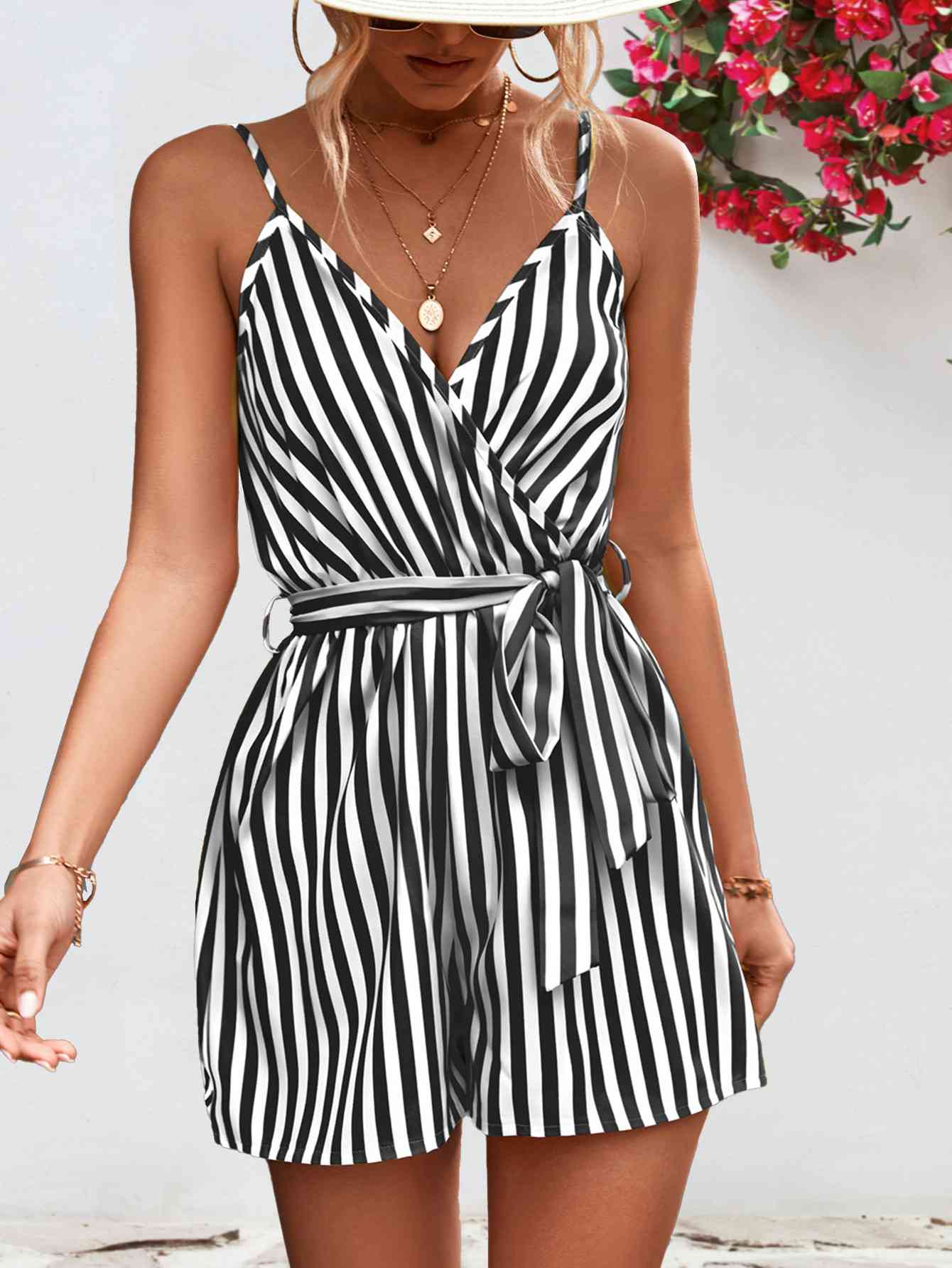 Striped Tie Waist Spaghetti Strap Romper (several colors) - Premium Ladies Rompers -  Follower Of Faith Apparel Ladies Romper, new arrival, new arrivals, romper jumpsuit, Rompers, Ship From Overseas, Shipping delay February 2 - February 17, Vacation, Vacation apparel, vacation clothing, Vacation outfit, Vacation outfits, Womens romper, Women’s romper, YO Shop our Christian T-Shirts & Apparel