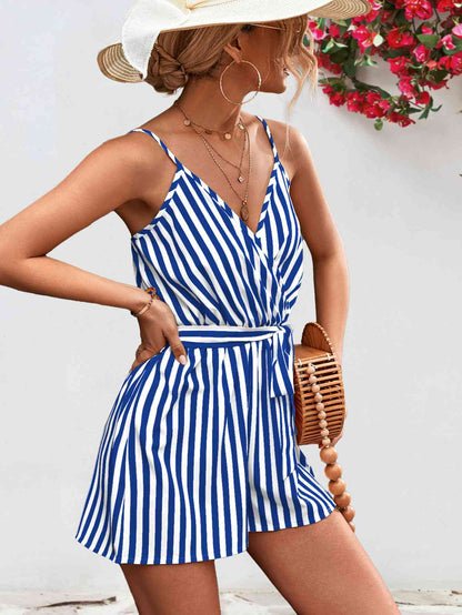 Striped Tie Waist Spaghetti Strap Romper (several colors) - Premium Ladies Rompers -  Follower Of Faith Apparel Ladies Romper, new arrival, new arrivals, romper jumpsuit, Rompers, Ship From Overseas, Shipping delay February 2 - February 17, Vacation, Vacation apparel, vacation clothing, Vacation outfit, Vacation outfits, Womens romper, Women’s romper, YO Shop our Christian T-Shirts & Apparel