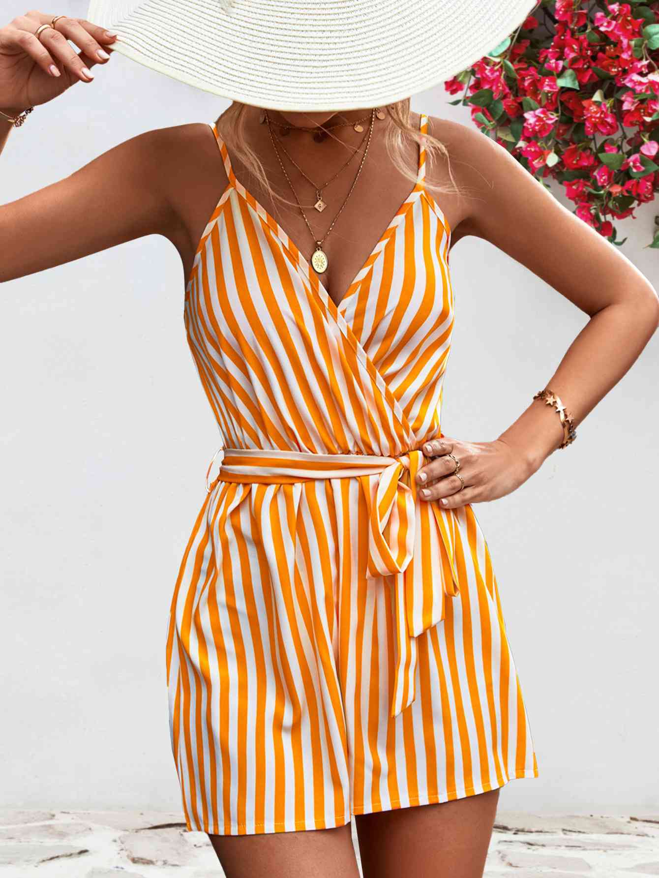 Striped Tie Waist Spaghetti Strap Romper (several colors) - Premium Ladies Rompers -  Follower Of Faith Apparel Ladies Romper, new arrival, new arrivals, romper jumpsuit, Rompers, Ship From Overseas, Shipping delay February 2 - February 17, Vacation, Vacation apparel, vacation clothing, Vacation outfit, Vacation outfits, Womens romper, Women’s romper, YO Shop our Christian T-Shirts & Apparel