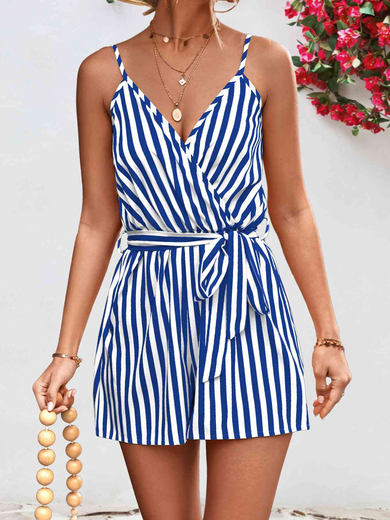 Striped Tie Waist Spaghetti Strap Romper (several colors) - Premium Ladies Rompers -  Follower Of Faith Apparel Ladies Romper, new arrival, new arrivals, romper jumpsuit, Rompers, Ship From Overseas, Shipping delay February 2 - February 17, Vacation, Vacation apparel, vacation clothing, Vacation outfit, Vacation outfits, Womens romper, Women’s romper, YO Shop our Christian T-Shirts & Apparel