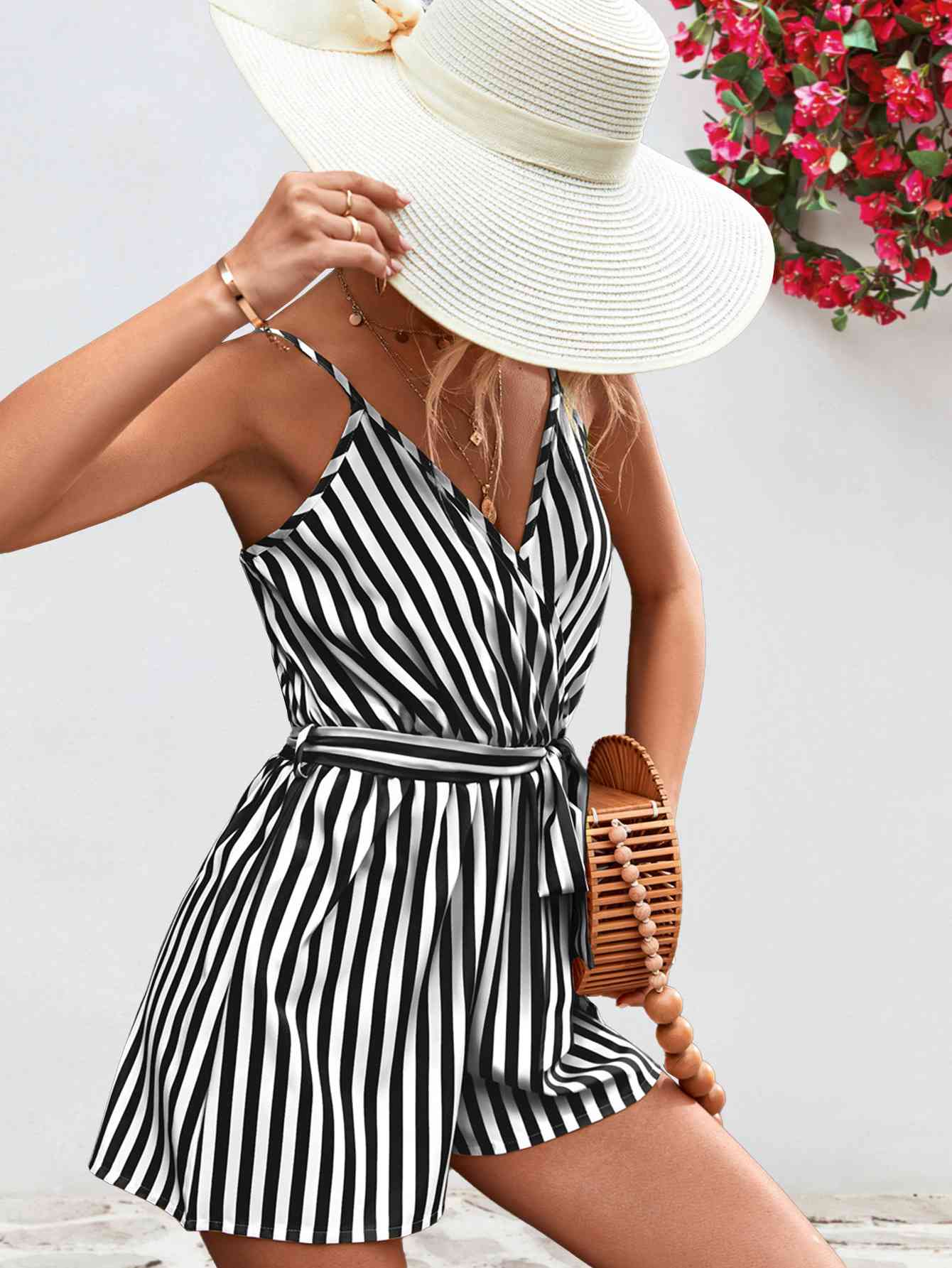 Striped Tie Waist Spaghetti Strap Romper (several colors) - Premium Ladies Rompers -  Follower Of Faith Apparel Ladies Romper, new arrival, new arrivals, romper jumpsuit, Rompers, Ship From Overseas, Shipping delay February 2 - February 17, Vacation, Vacation apparel, vacation clothing, Vacation outfit, Vacation outfits, Womens romper, Women’s romper, YO Shop our Christian T-Shirts & Apparel