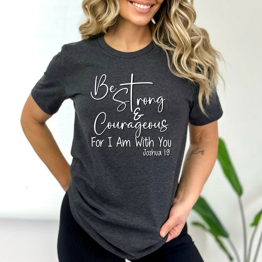 Strong & Courageous Joshua 1:9 Ladies T Shirt - Premium T-Shirt -  Follower Of Faith ApparelChristian T shirt for women, Cotton, Crew neck, Joshua 1:9, Joshua 1:9 T Shirt, ladies Christian apparel, ladies Christian tees, ladies strong and courageous t shirt, Neck Labels, new arrivals, Regular fit, short sleeve ladies Christian shirt, short sleeve women's Christian shirt, T-shirts, Unisex, Women's Clothing, Women’s Christian t shirts Shop our Christian T-Shirts & Apparel