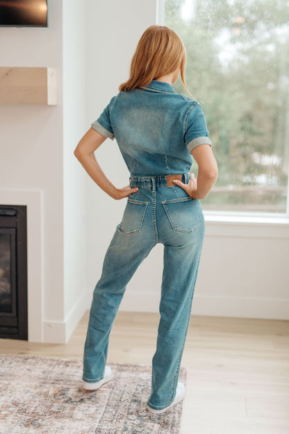 Sylvia Short Sleeve Denim Jumpsuit - Premium Ladies Rompers -  Follower Of Faith Apparel 10-11-2023, 10-26-2023, 10-31-2023, 11-2-2023, 1XL, 2XL, 3XL, ASF11-10-2023, ASF11-9-2023, Ave Marketplace, Bottoms, Denim, Indoor, JB10-11-2023, JB20, JBAvailableNow, Jordan, Judy Blue, Jumpsuits, Large, Lifestyle, Medium, Sarah, Small, XL Shop our Christian T-Shirts & Apparel