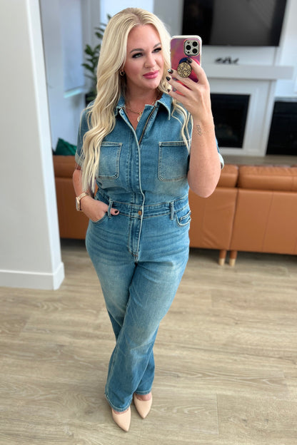 Sylvia Short Sleeve Denim Jumpsuit - Premium Ladies Rompers -  Follower Of Faith Apparel 10-11-2023, 10-26-2023, 10-31-2023, 11-2-2023, 1XL, 2XL, 3XL, ASF11-10-2023, ASF11-9-2023, Ave Marketplace, Bottoms, Denim, Indoor, JB10-11-2023, JB20, JBAvailableNow, Jordan, Judy Blue, Jumpsuits, Large, Lifestyle, Medium, Sarah, Small, XL Shop our Christian T-Shirts & Apparel