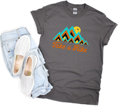 Take A Hike Ladies T-Shirt - Premium Ladies T-Shirt -  Follower Of Faith Apparel Colorful mountains, Cotton, Crew neck, DTG, Minimalist t shirts, Mountains, Neck Labels, new, new arrival, Outdoor apparel, Outdoor graphic tees, Outdoor tees, Regular fit, Summer Picks, T-shirts, Take a hike t shirt, TikTok, Women's Clothing, Womens hiking t shirts, Womens t shirt, Womens top Shop our Christian T-Shirts & Apparel