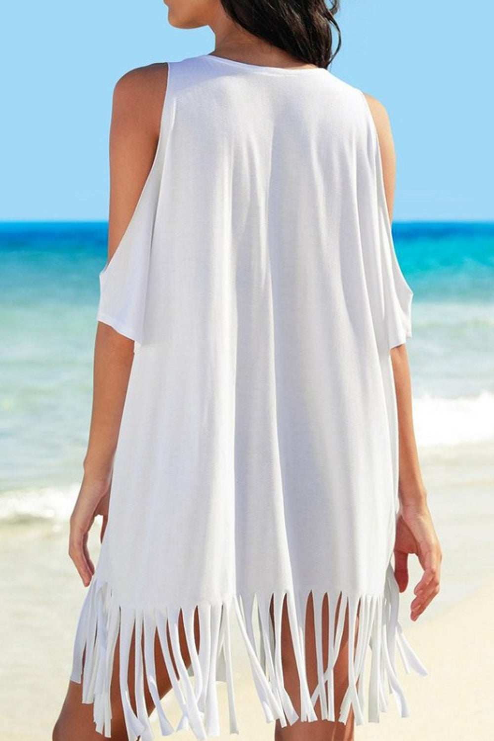 Take Me To The Beach Fringe Cold Shoulder Cover Up - Premium Ladies Coverup -  Follower Of Faith Apparel Cold shoulder Cover up, Cover up dress, Fringe Cover up, Ladies cover up, new arrival, new arrivals, OSH, Sale, Ship From Overseas, Stylish beach cover up, Summertime cover up for women, Swimsuit cover up, Swimsuit frige cover up, Take me to the beach cover up, Womens cover up Shop our Christian T-Shirts & Apparel