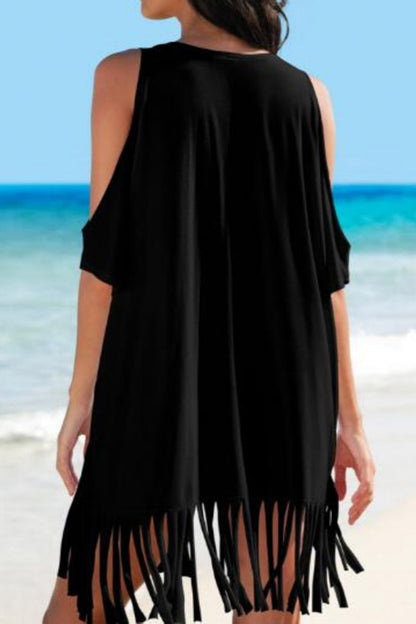 Take Me To The Beach Fringe Cold Shoulder Cover Up - Premium Ladies Coverup -  Follower Of Faith Apparel Cold shoulder Cover up, Cover up dress, Fringe Cover up, Ladies cover up, new arrival, new arrivals, OSH, Sale, Ship From Overseas, Stylish beach cover up, Summertime cover up for women, Swimsuit cover up, Swimsuit frige cover up, Take me to the beach cover up, Womens cover up Shop our Christian T-Shirts & Apparel