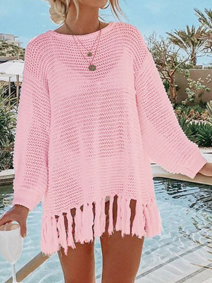 Openwork Tassel Hem Long Sleeve Knit Cover Up - Premium Ladies Coverup -  Follower Of Faith Apparel Ship From Overseas, Y.S.J.Y Shop our Christian T-Shirts & Apparel