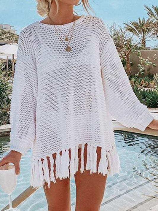 Openwork Tassel Hem Long Sleeve Knit Cover Up - Premium Ladies Coverup -  Follower Of Faith Apparel Ship From Overseas, Y.S.J.Y Shop our Christian T-Shirts & Apparel
