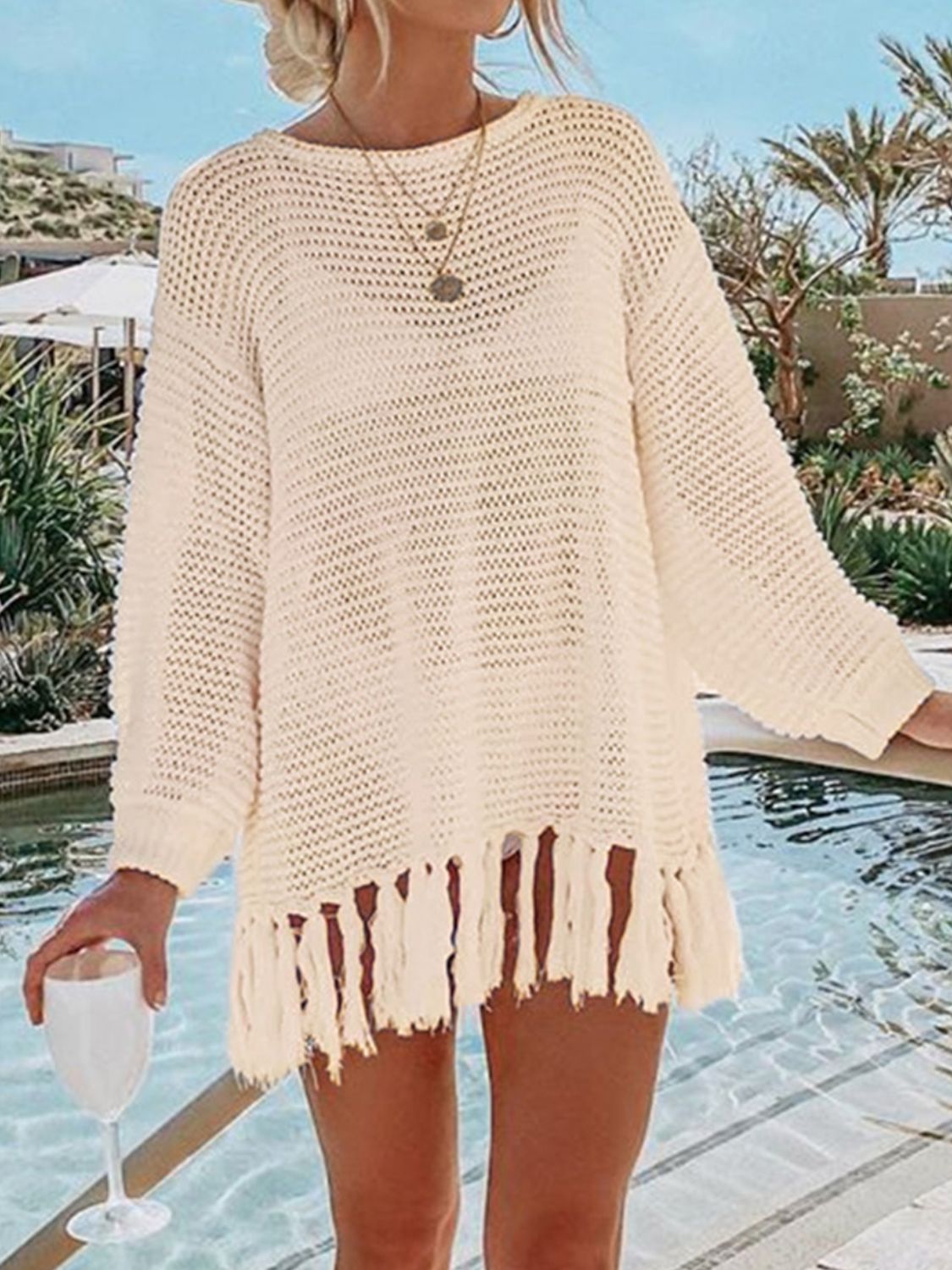 Openwork Tassel Hem Long Sleeve Knit Cover Up - Premium Ladies Coverup -  Follower Of Faith Apparel Ship From Overseas, Y.S.J.Y Shop our Christian T-Shirts & Apparel