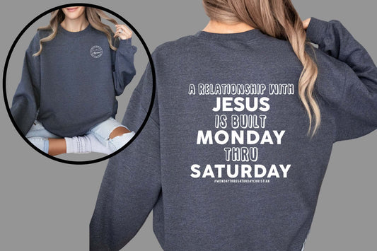 The Monday Thru Saturday Christian Sweatshirt - Premium Sweatshirt -  Follower Of Faith ApparelBest seller sweaters, Crew neck, DTG, Ladies sweatshirts, Men's Clothing, Men’s sweatshirts, Regular fit, Sweatshirts, The Monday thru Saturday christian, Unisex, Valentine's Day Picks, Winter clothing, Women's Clothing Shop our Christian T-Shirts & Apparel