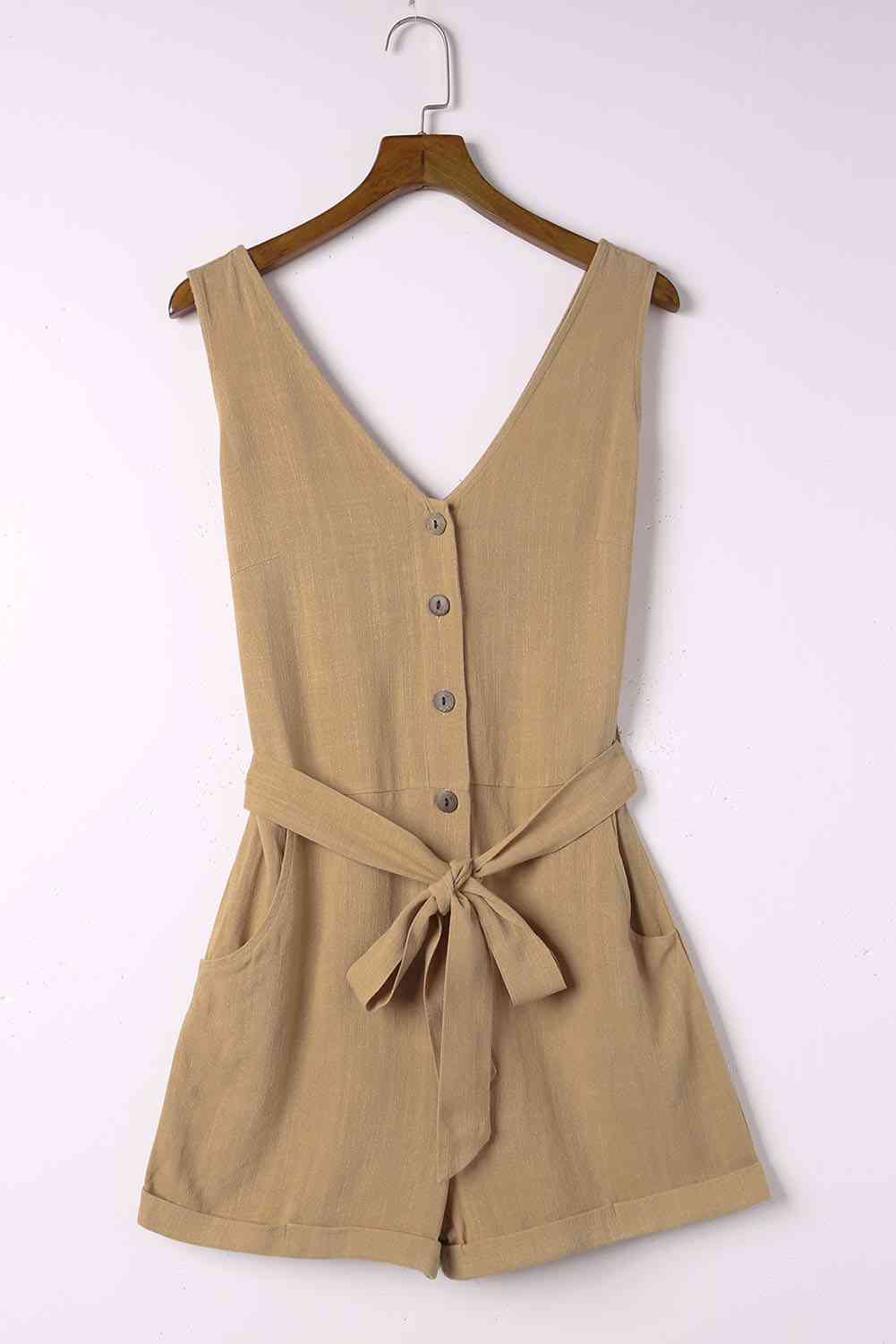 Tie-Waist Buttoned Plunge Sleeveless Romper (several colors) - Premium Ladies Rompers -  Follower Of Faith Apparel chic, Chic clothing, Chic romper, Ladies Romper, romper jumpsuit, Romper with belt, Rompers, Ship From Overseas, Shipping delay February 8 - February 16, SYNZ, V neck romper, Vacation apparel, vacation clothing, Vacation outfit, Vacation outfits, womens apparel, Womens clothing, Womens romper, Women’s romper Shop our Christian T-Shirts & Apparel