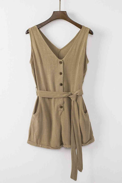 Tie-Waist Buttoned Plunge Sleeveless Romper (several colors) - Premium Ladies Rompers -  Follower Of Faith Apparel chic, Chic clothing, Chic romper, Ladies Romper, romper jumpsuit, Romper with belt, Rompers, Ship From Overseas, Shipping delay February 8 - February 16, SYNZ, V neck romper, Vacation apparel, vacation clothing, Vacation outfit, Vacation outfits, womens apparel, Womens clothing, Womens romper, Women’s romper Shop our Christian T-Shirts & Apparel